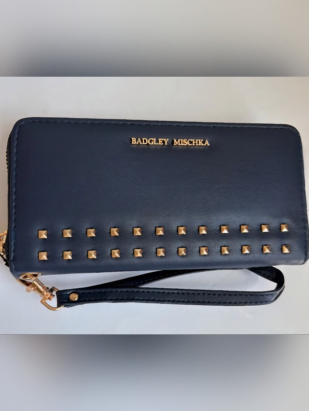 Badgley Mischka Studded Zip Carry-All Wristlet Navy NWT